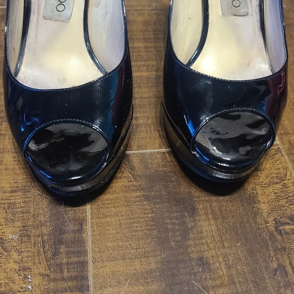 Jimmy Choo Black Patent Leather Peep Toe Platform Pumps - Picture 3 of 9